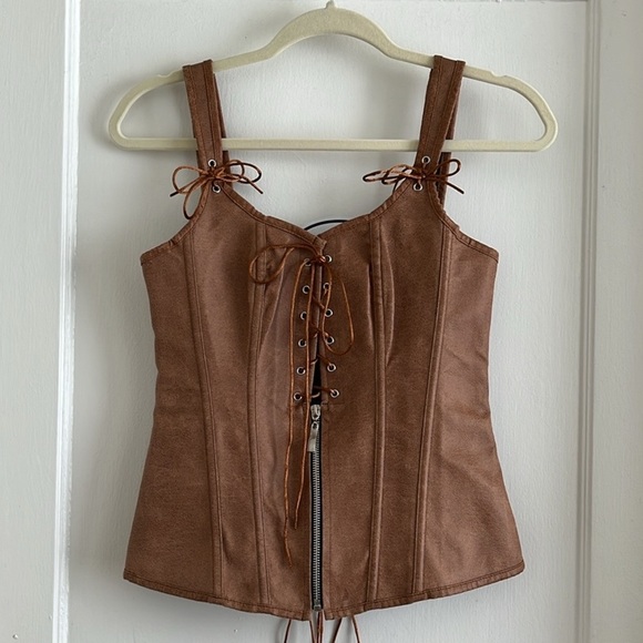 Leather-Look Bodice / Corset Top / Stays Brown Tan Fits Like XS / S Lace Up - Picture 4 of 14